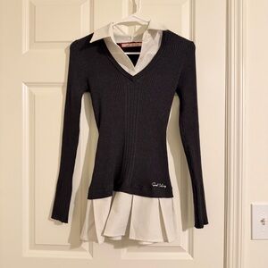 Sweet Chilling Black Ribbed Sweater Dress with White Collar